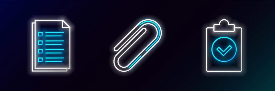 Set line Completed task, File document and Paper clip icon. Glowing neon. V.. Illustrazione stock