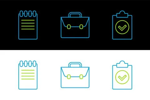Set line Completed task, Notebook and Briefcase icon. Vector 스톡 일러스트