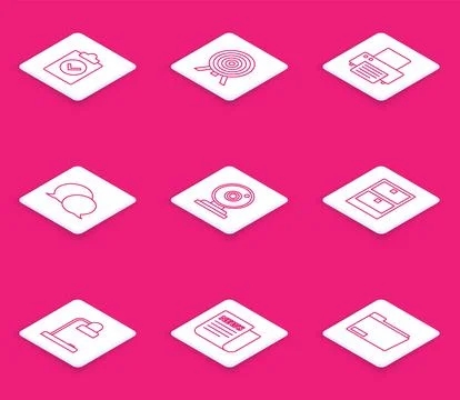 Set line Completed task, Target, Printer, Speech bubble chat, Web camera, A.. Stock Illustration