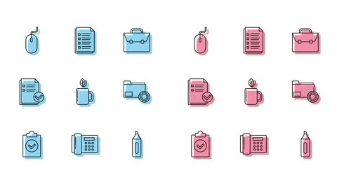 Set line Completed task, Telephone, Computer mouse, Marker pen, Cup of tea and イラスト素材