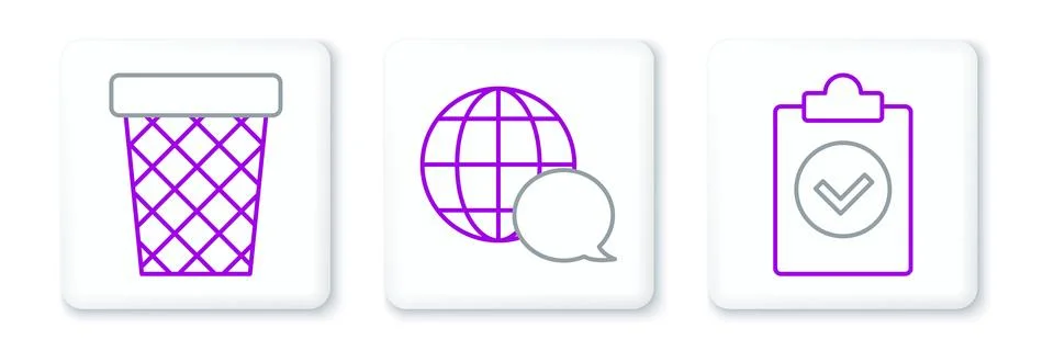Set line Completed task, Trash can and World map made from speech bubble ic.. Stock Illustration