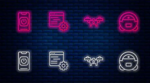 Set line Computer api interface, Drone, Turn off robot from phone and Robot Stock Illustration