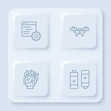 Set line Computer api interface, Drone, Robot burned out and Battery. White Stock Illustration