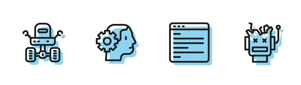 Set line Computer api interface, Mars rover, Humanoid robot and Broken icon Illustrazione stock