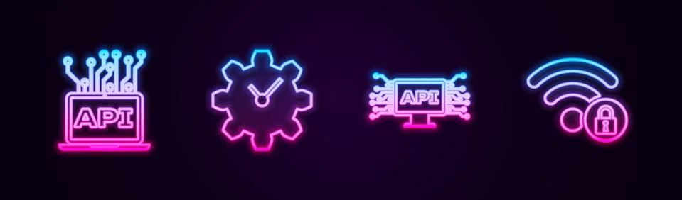 Set line Computer api interface, Time Management, and Wifi locked. Glowing neon Stock Illustration