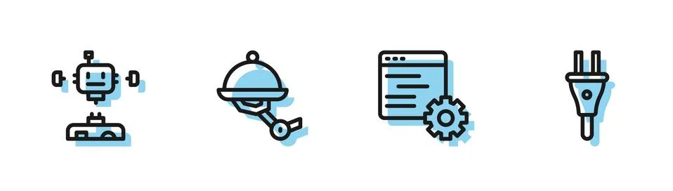 Set line Computer api interface, Disassembled robot, Waiter and Electric plug Illustrazione stock
