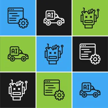 Set line Computer api interface, Broken robot and Autonomous smart car icon Stock Illustration