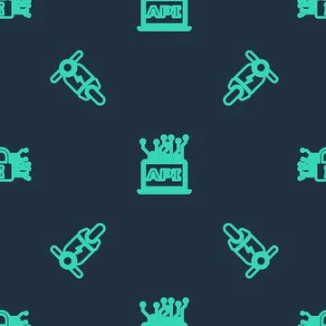 Set line Computer api interface, Electric scooter and Cyber security on seamless Illustrazione stock