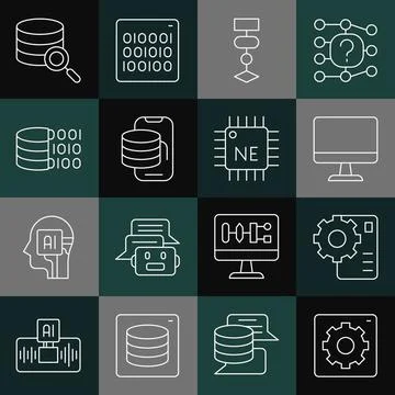 Set line Computer api interface, Neural network, monitor, Algorithm, Cloud 스톡 일러스트