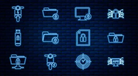 Set line Computer api interface, Folder and lock, Lock on monitor, USB flash 스톡 일러스트