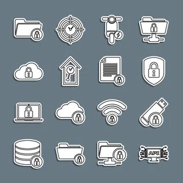 Set line Computer api interface, USB flash drive with lock, Shield security 스톡 일러스트