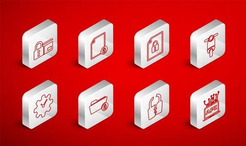 Set line Computer api interface, Document and lock, Scooter, Broken or cracked 스톡 일러스트