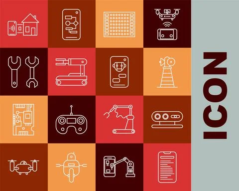 Set line Computer api interface, 3d scanning system, Antenna, Printed circuit Illustrazione stock