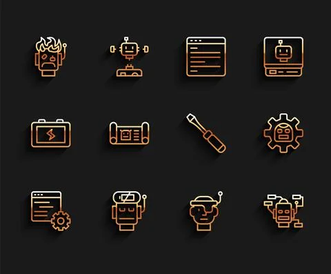 Set line Computer api interface, Robot low battery charge, burned out, Smart Illustrazione stock