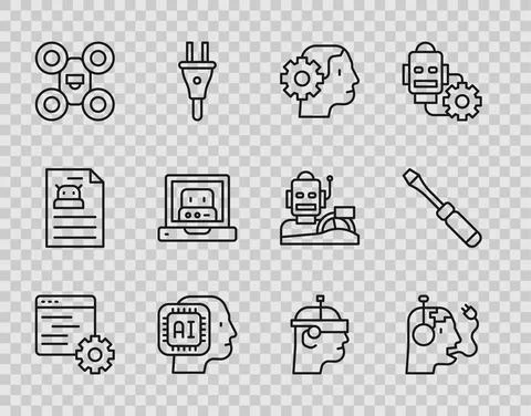 Set line Computer api interface, Robot charging battery, Humanoid robot, Drone 스톡 일러스트