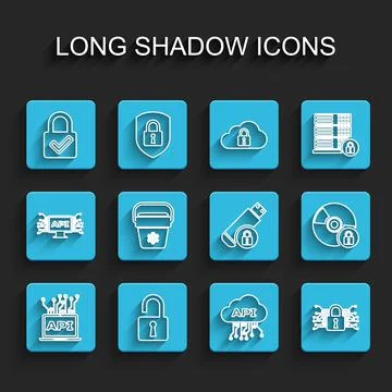 Set line Computer api interface, Open padlock, Lock and check mark, Cloud, Cyber Stock Illustration