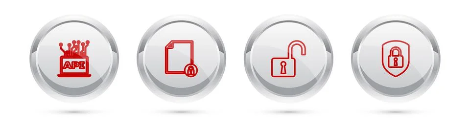 Set line Computer api interface, Document and lock, Open padlock and Shield Stock Illustration