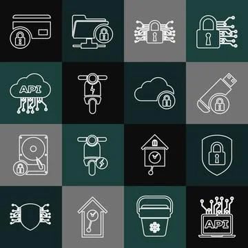 Set line Computer api interface, Shield security with lock, USB flash drive Stock Illustration