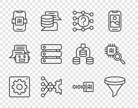 Set line Computer api interface, Funnel or filter, Neural network, Artificial Illustrazione stock