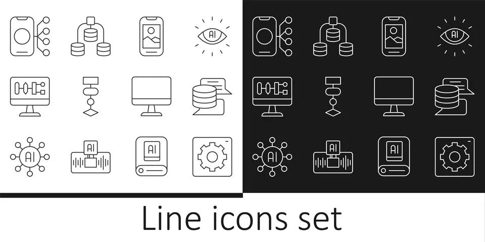 Set line Computer api interface, Server, Data, Mobile phone, Algorithm, Neural Stock Illustration