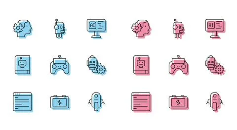 Set line Computer api interface, Battery, Humanoid robot, Robot, Remote control Stock Illustration