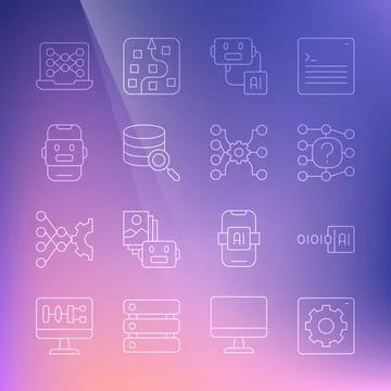Set line Computer api interface, Binary code, Neural network, Artificial Stock Illustration