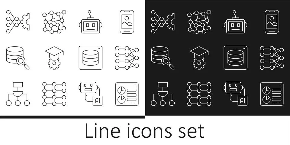 Set line Computer api interface, Neural network, Artificial intelligence robot 스톡 일러스트