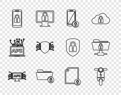Set line Computer api interface, Electric scooter, Smartphone with lock, Folder Stock Illustration