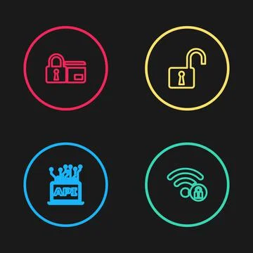 Set line Computer api interface, Wifi locked, Open padlock and Credit card with イラスト素材