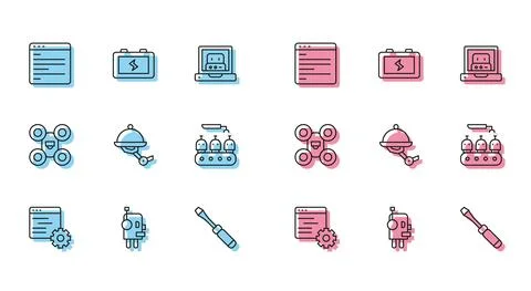 Set line Computer api interface, Robot, Screwdriver, Waiter robot, Industrial Stock Illustration