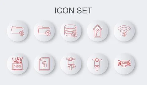 Set line Computer api interface, Server security with lock, Scooter, Folder and Illustrazione stock