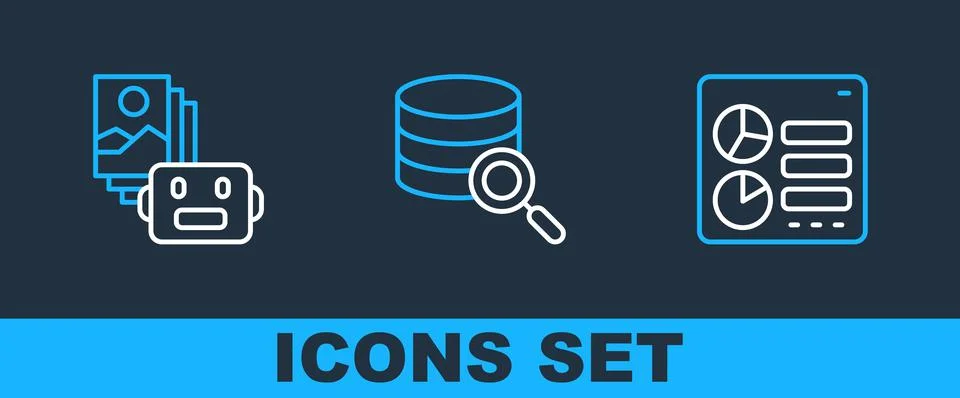 Set line Computer api interface, Artificial intelligence robot and Server icon Stockillustratie