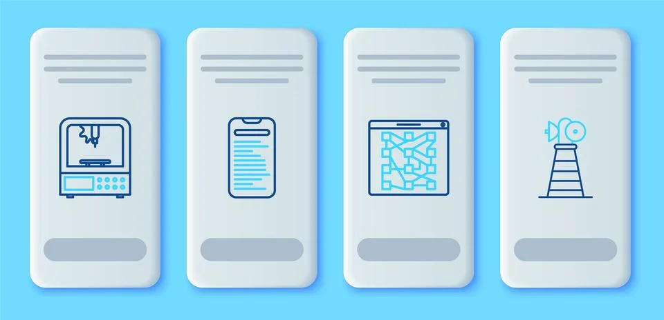 Set line Computer api interface, Global technology or social network, 3D printer Illustrazione stock