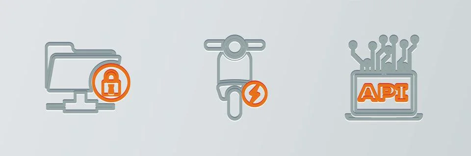 Set line Computer api interface, FTP folder and lock and Electric scooter icon イラスト素材