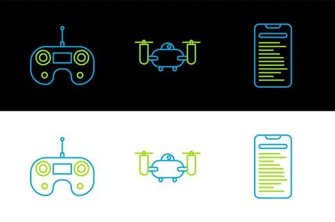 Set line Computer api interface, Remote control and Drone flying with action イラスト素材