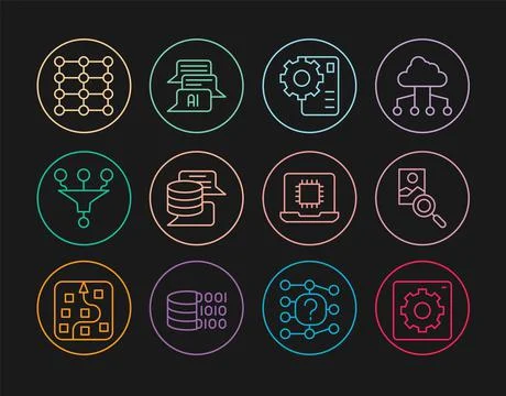Set line Computer api interface, Photo retouching, Neural network, Server, Da Stock Illustration