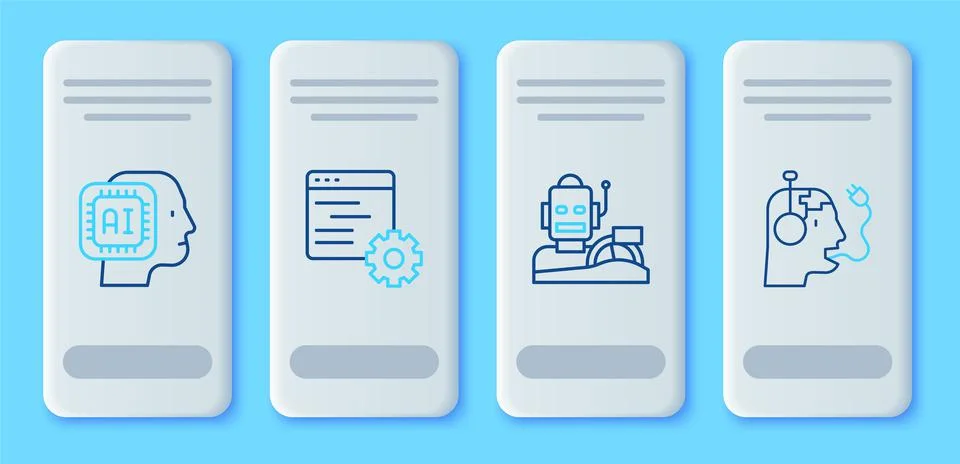 Set line Computer api interface, Robot humanoid driving car, Humanoid robot a Illustrazione stock