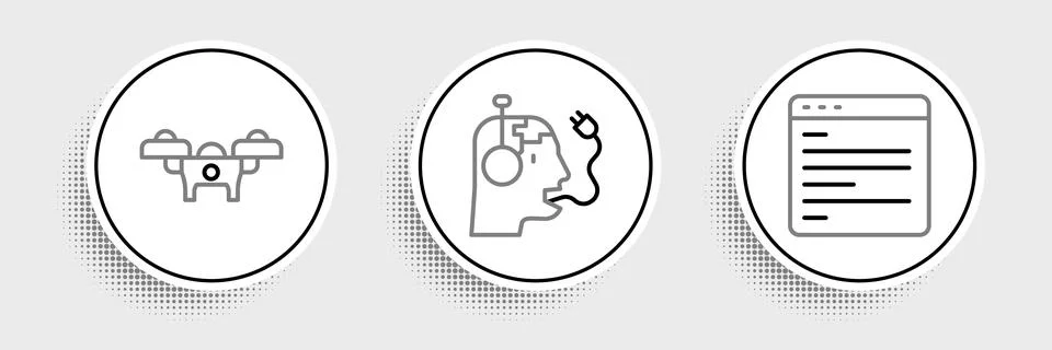 Set line Computer api interface, Drone and Robot charging battery icon. Vector 스톡 일러스트