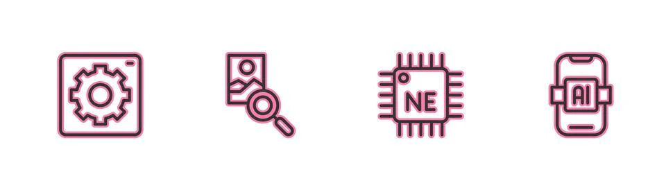 Set line Computer api interface, Processor CPU, Photo retouching and Artificial Illustrazione stock