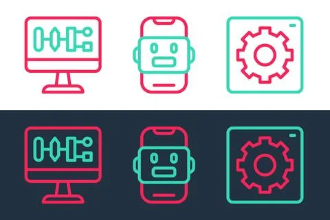 Set line Computer api interface, Algorithm and Chat bot icon. Vector Stock Illustration