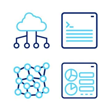 Set line Computer api interface, Neural network, Web developer programming code Stock Illustration