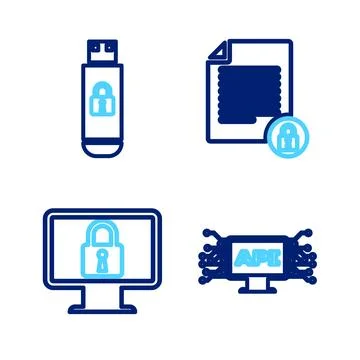 Set line Computer api interface, Lock on monitor, Document and lock and USB Stock Illustration