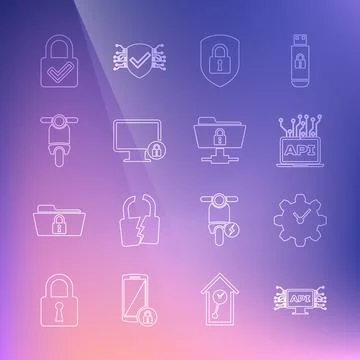 Set line Computer api interface, Time Management, Shield security with lock Stock Illustration