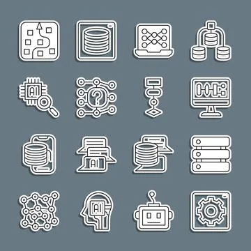 Set line Computer api interface, Server, Data, Algorithm, Neural network Stock Illustration