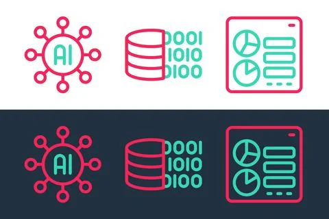 Set line Computer api interface, Neural network and Binary code icon. Vector Stock Illustration