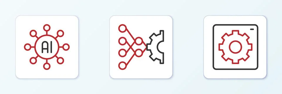 Set line Computer api interface, Neural network and icon. Vector Stock Illustration