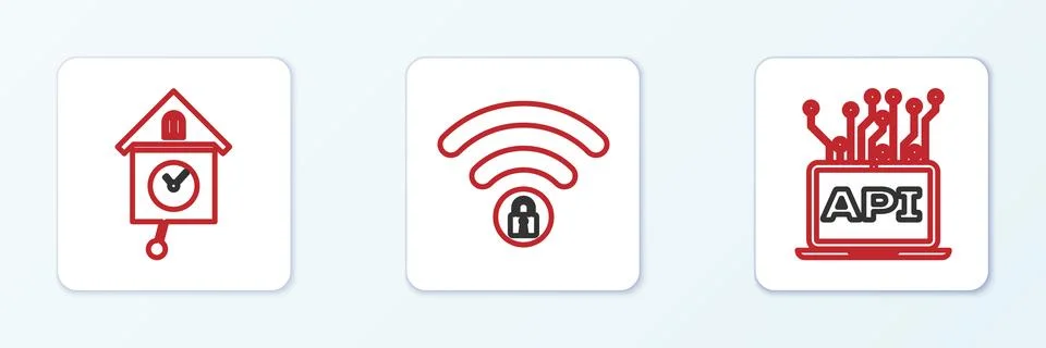 Set line Computer api interface, Retro wall watch and Wifi locked icon. Vector 스톡 일러스트