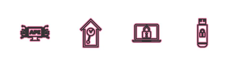 Set line Computer api interface, Laptop and lock, Retro wall watch and USB flash Illustrazione stock