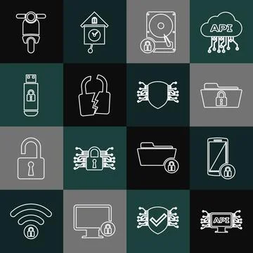 Set line Computer api interface, Smartphone with lock, Folder and, Hard disk イラスト素材