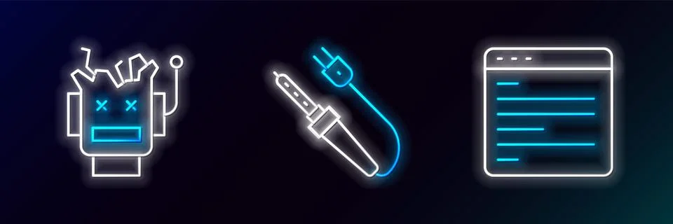 Set line Computer api interface, Broken robot and Soldering iron icon. Glowing Stock Illustration
